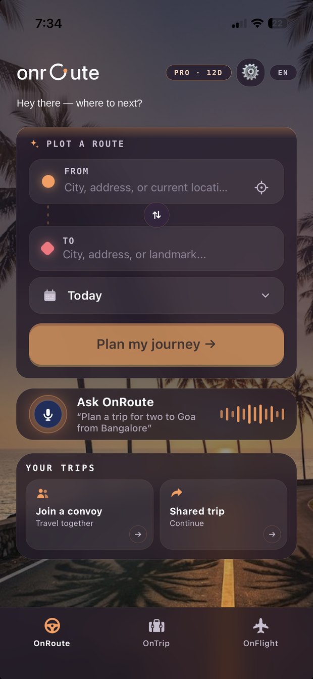 The OnRoute app home screen, with a route plotted from Bengaluru to Mysuru