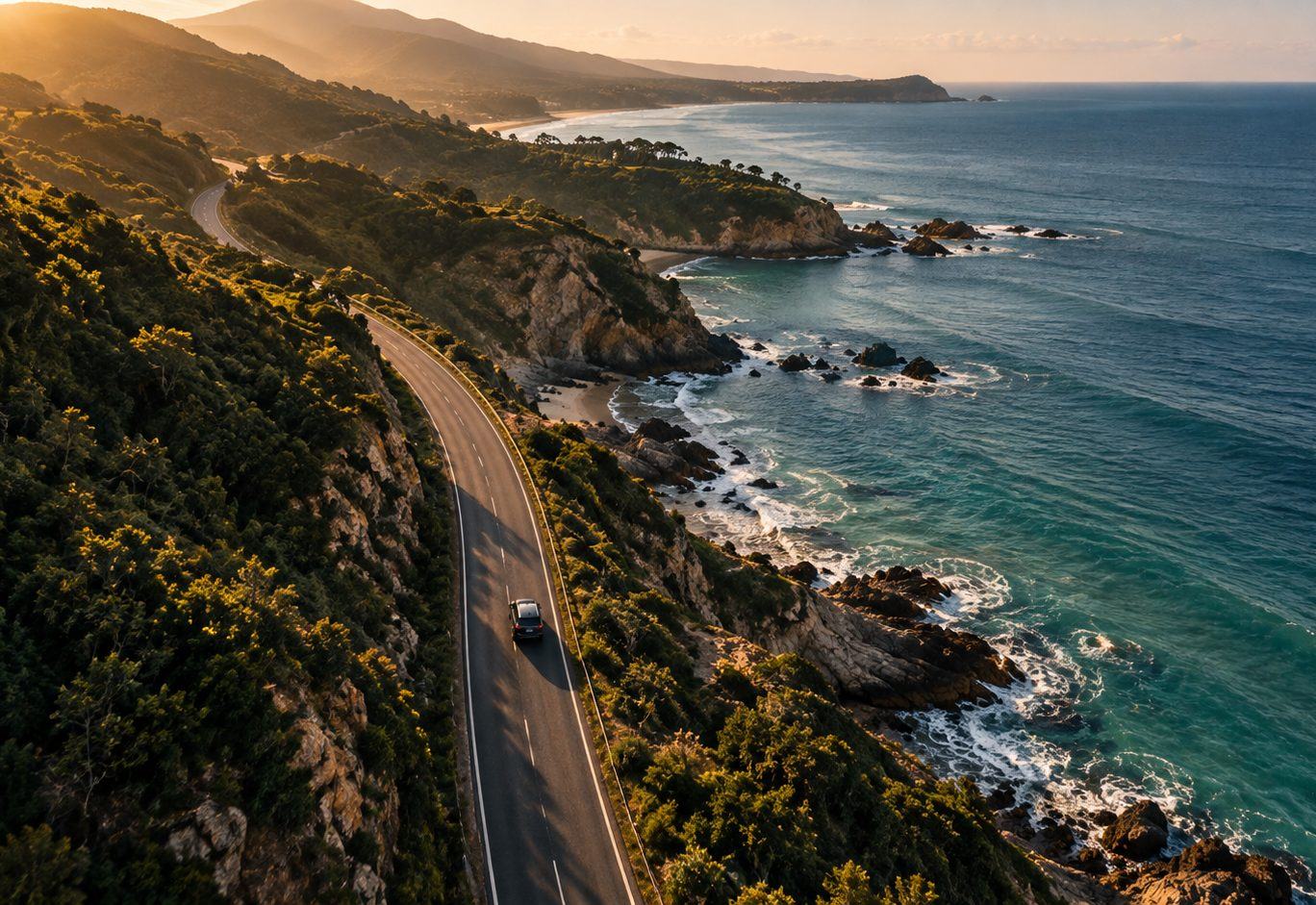 An aerial view of a coastal road with a planned OnRoute itinerary alongside it